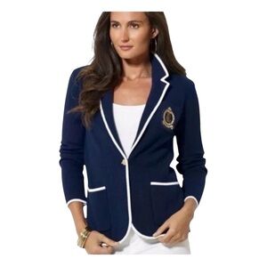 Lauren Ralph Lauren Navy Blue Cotton Knit Crest Blazer - Size M
